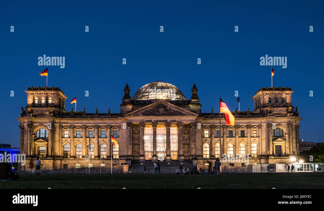 Berlin, Germany - may 27, 2017: The Reichstag building, seat of the German Parliament (Deutscher Bundestag), at night in Berlin, Germany. Stock Photo