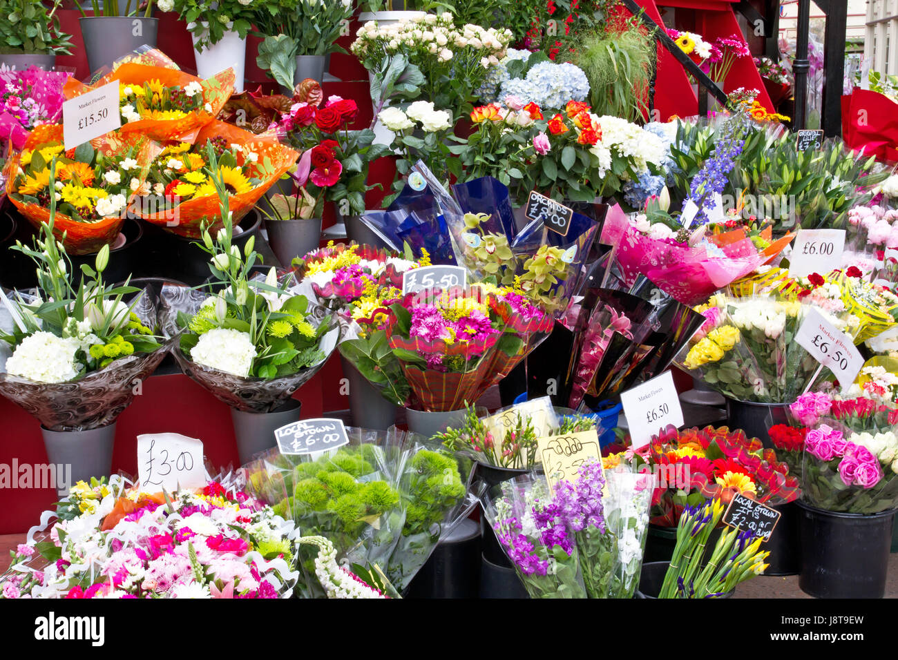 choice of cut flowers at a market in jersey,uk Stock Photo
