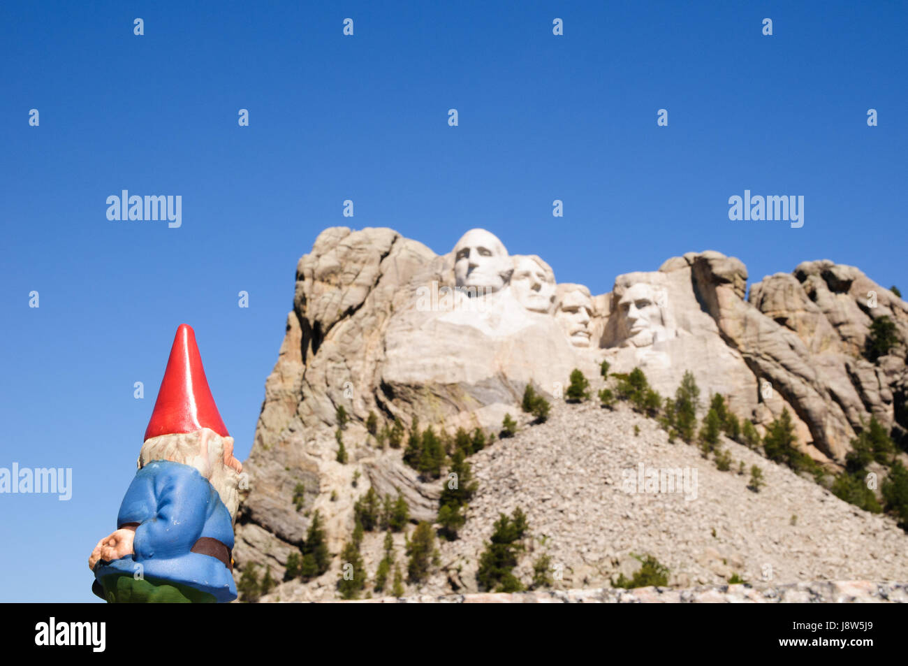 Gnome in foreground of Mount Rushmore National Memorial, Black Hills, Keystone, South Dakota, USA Stock Photo