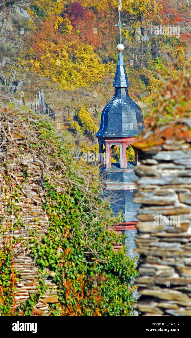 wall, steeple, hatchet stone, rubble, church, tree, trees, coloured, colourful, Stock Photo