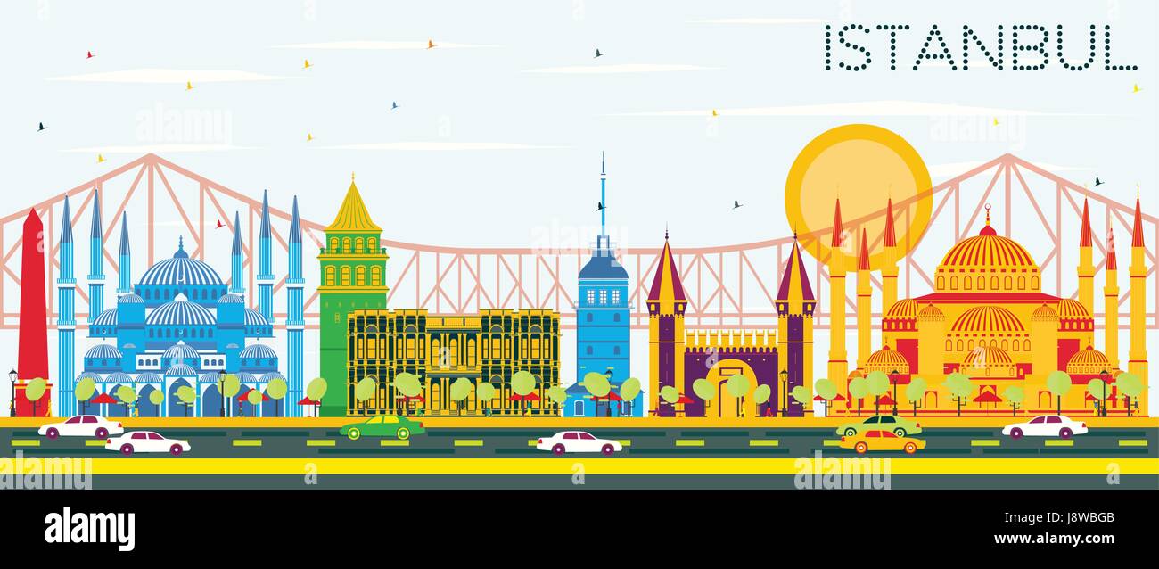 Istanbul Skyline with Color Landmarks and Blue Sky. Vector Illustration. Business Travel and Tourism Concept with Istanbul City. Stock Vector