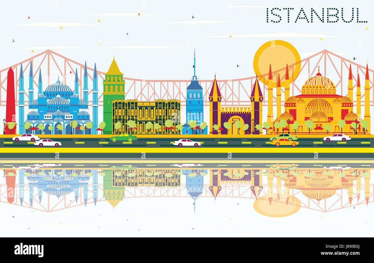 Istanbul Skyline with Color Landmarks, Blue Sky and Reflections. Vector Illustration. Business Travel and Tourism Concept with Istanbul City. Stock Vector