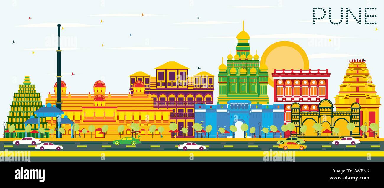 Pune Skyline with Color Buildings and Blue Sky. Vector Illustration. Business Travel and Tourism Concept with Historic Buildings. Stock Vector