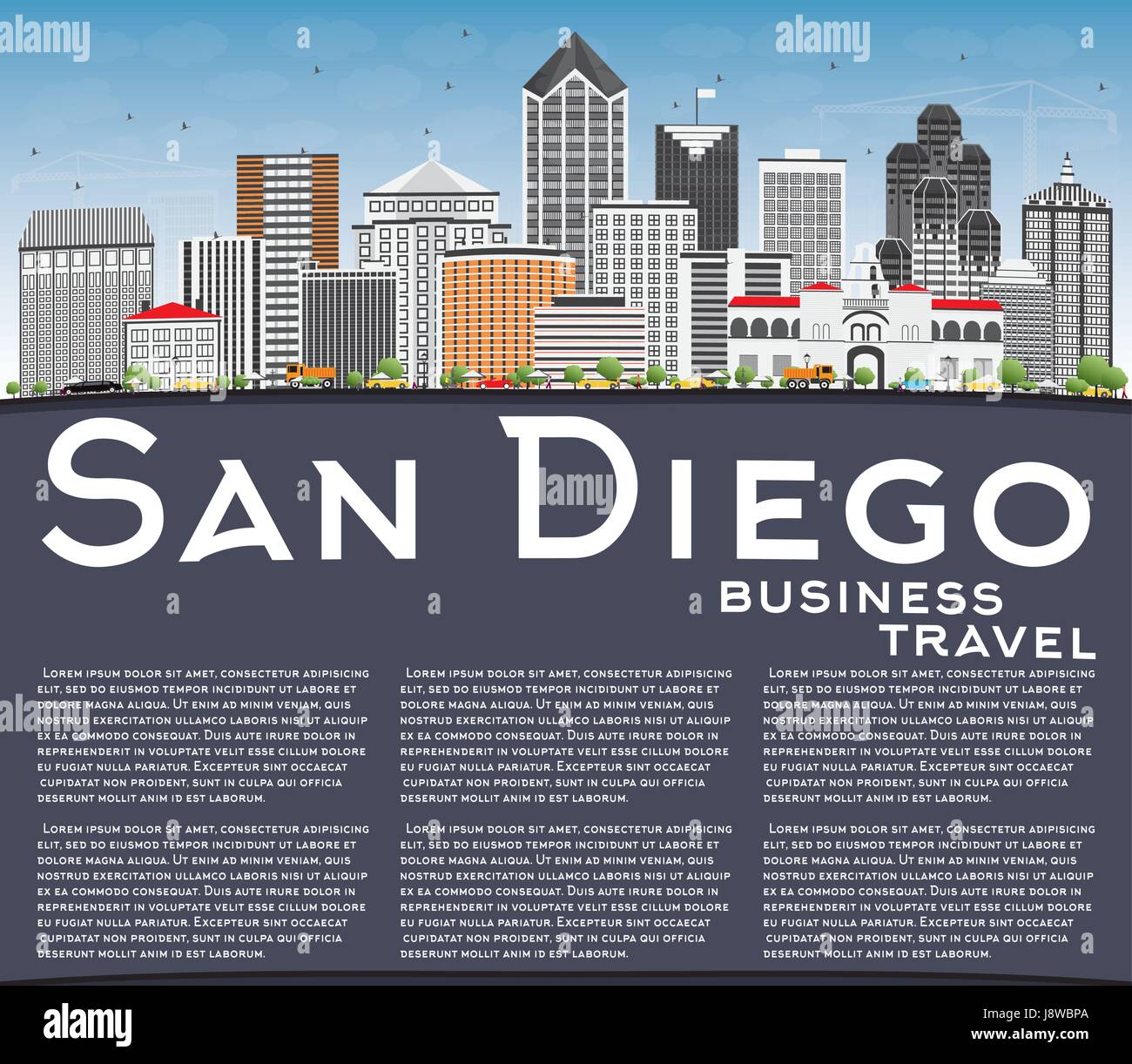 San Diego Skyline with Gray Buildings, Blue Sky and Copy Space. Vector Illustration. Business Travel and Tourism Concept with Modern Architecture. Stock Vector