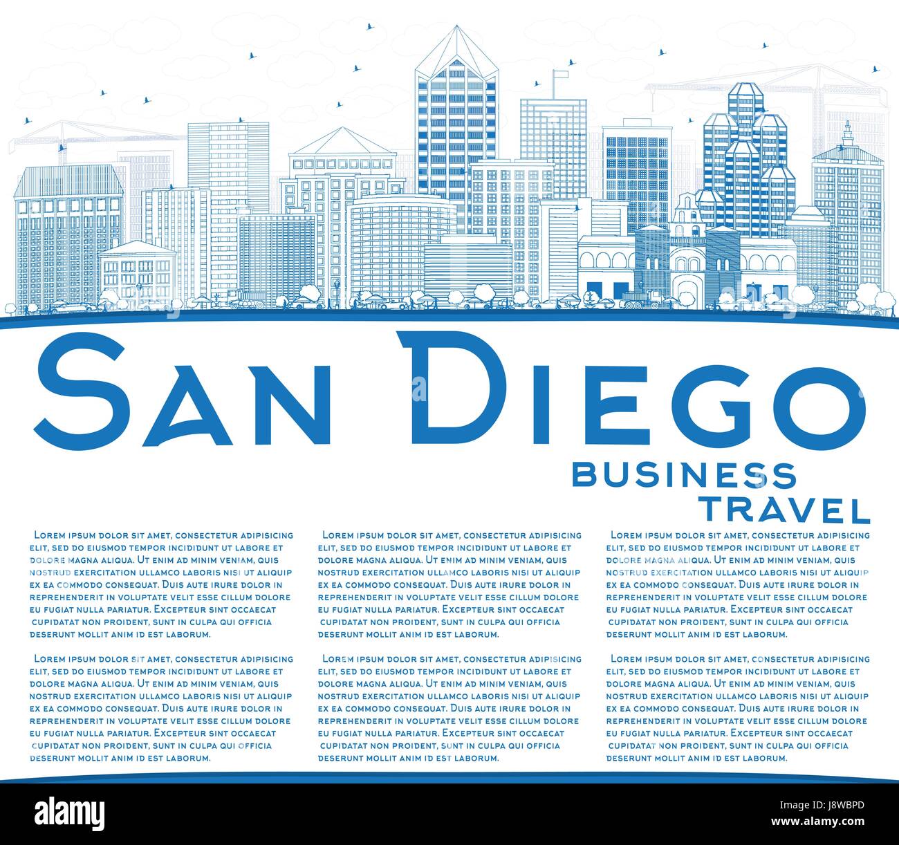 Outline San Diego Skyline with Blue Buildings and Copy Space. Vector Illustration. Business Travel and Tourism Concept with Modern Architecture. Stock Vector
