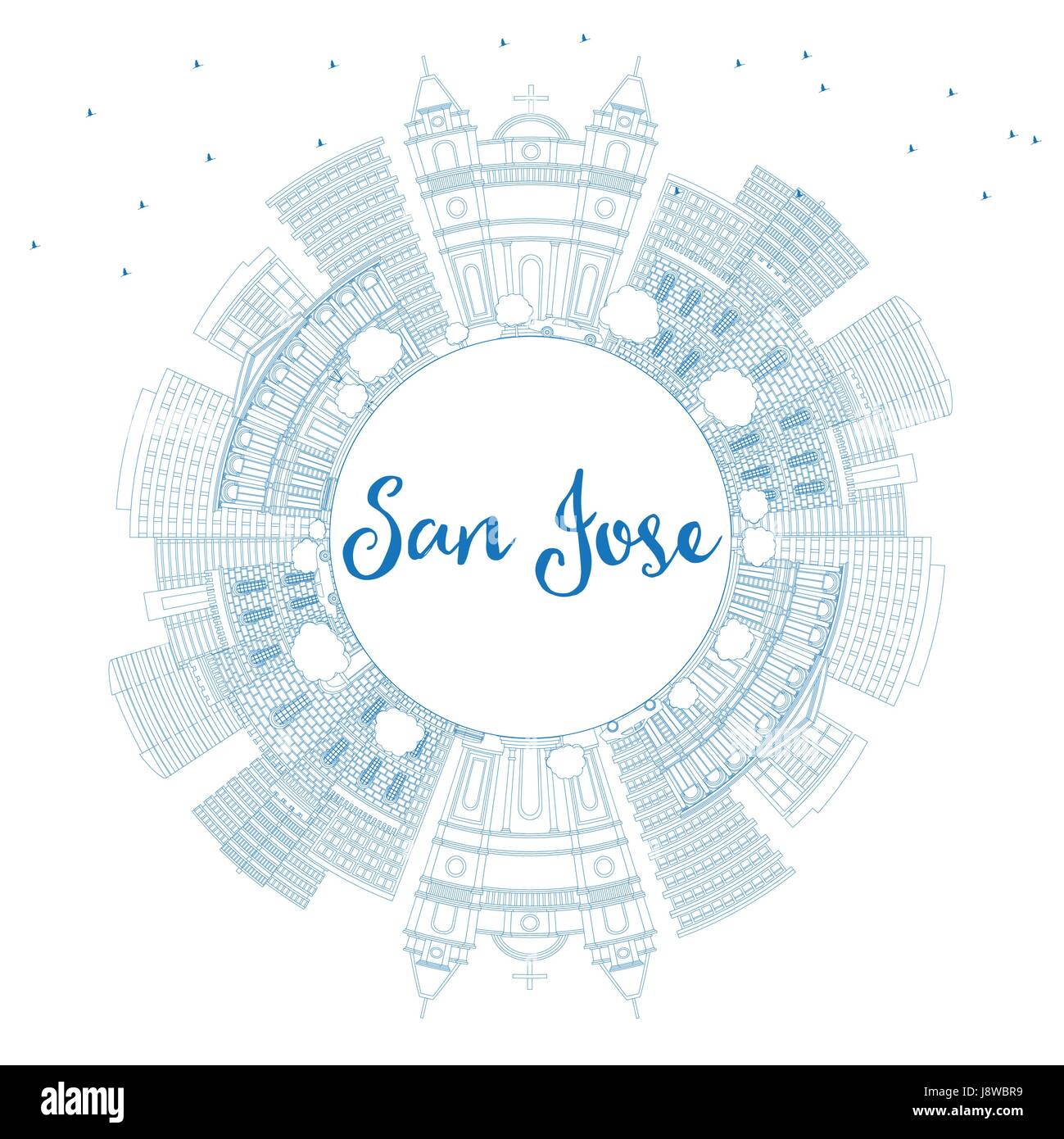 Outline San Jose Skyline with Blue Buildings and Copy Space. Vector Illustration. Business Travel and Tourism Concept with Modern Architecture. Stock Vector