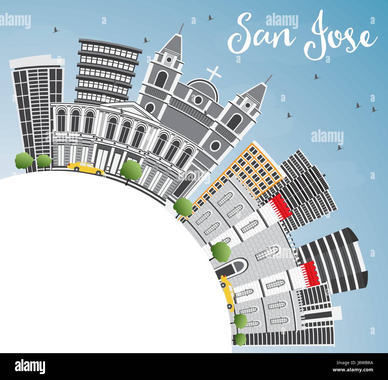 San Jose Skyline with Gray Buildings, Blue Sky and Copy Space. Vector Illustration. Business Travel and Tourism Concept with Modern Architecture. Stock Vector