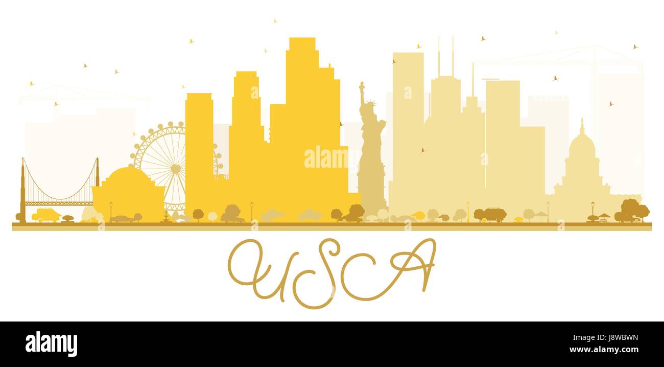 USA City skyline golden silhouette. Simple flat concept for tourism presentation, banner, placard or web site. Business travel concept. Stock Vector
