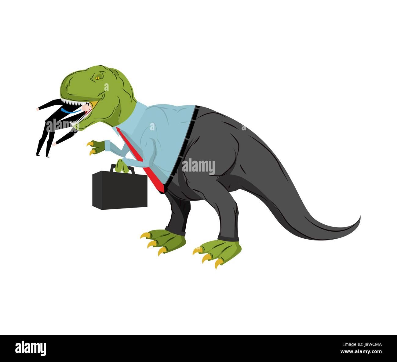 Bsinessman dinosaur eats competitor. Dino Boss eats manager. Chief with case is prehistoric dinosaur. Ancient lizard in suit. Business concept Stock Vector