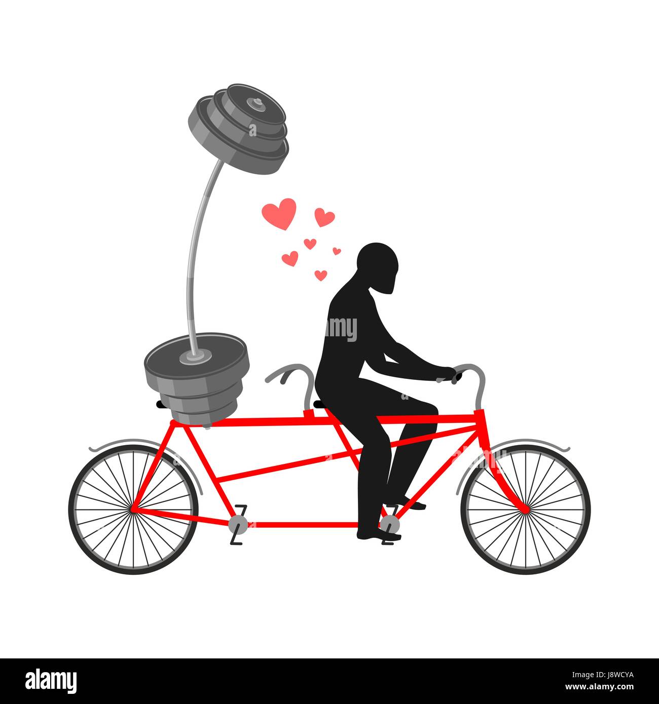 Lover Fitness. Man and barbell on bicycle. Walk on tandem. Always