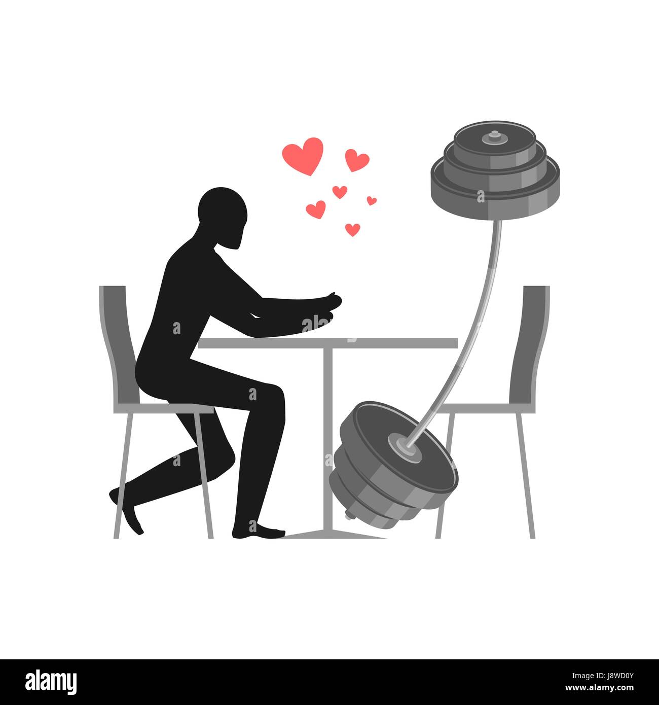 Lover Fitness sport. Man and barbell in cafe. Lovers sitting at table