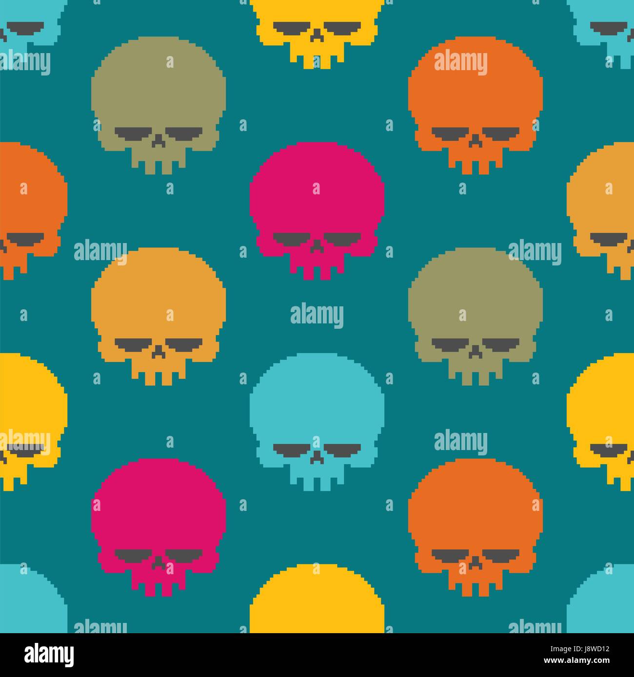 Skull pixel art seamless pattern. head of skeleton pixelated background ...