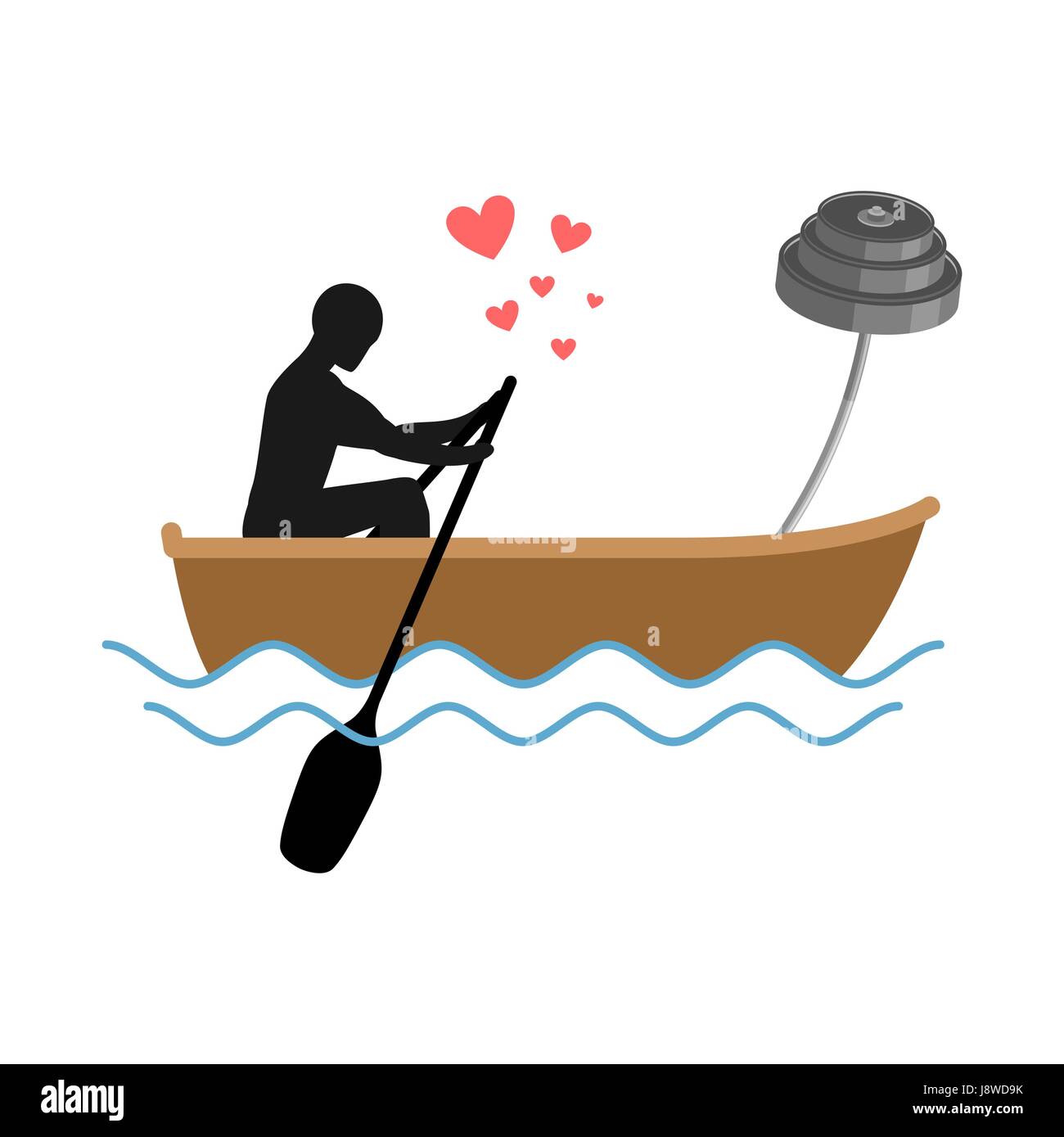Lover Fitness. Man and barbell Ride in boat. Lovers sport. Always