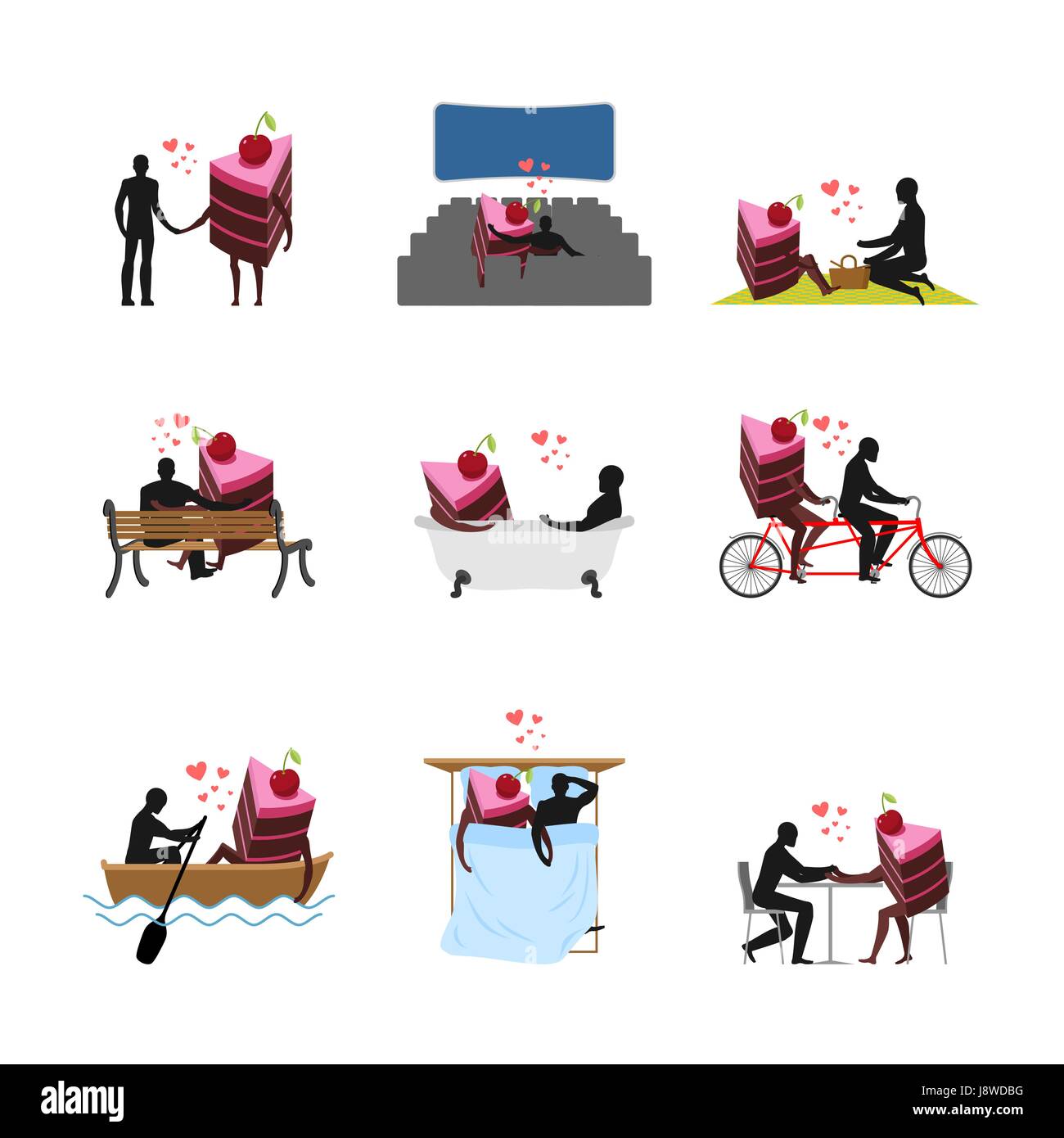 Lover Of Cakes Set Man And Piece Of Cake In Movie Theater Lovers In Bath Romantic Rendezvous Boat Person Sitting On Bench Joint Walk Cycling Ta Stock Vector Image Art
