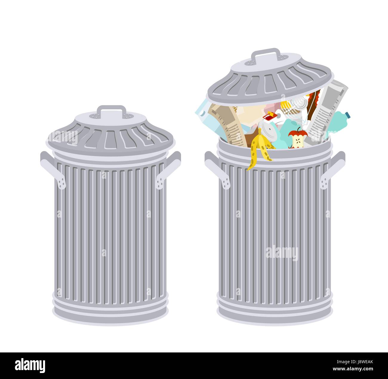 Trash can with Rubbish isolated. Wheelie bin with Garbage on white background. Dumpster iron. peel from banana and stub. Tin and old newspaper. Bone a Stock Vector