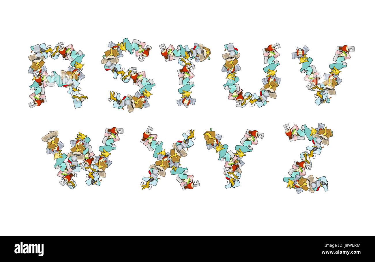 Rubbish font. Trash ABC. garbage alphabet. Letter litter. Part 3 Stock