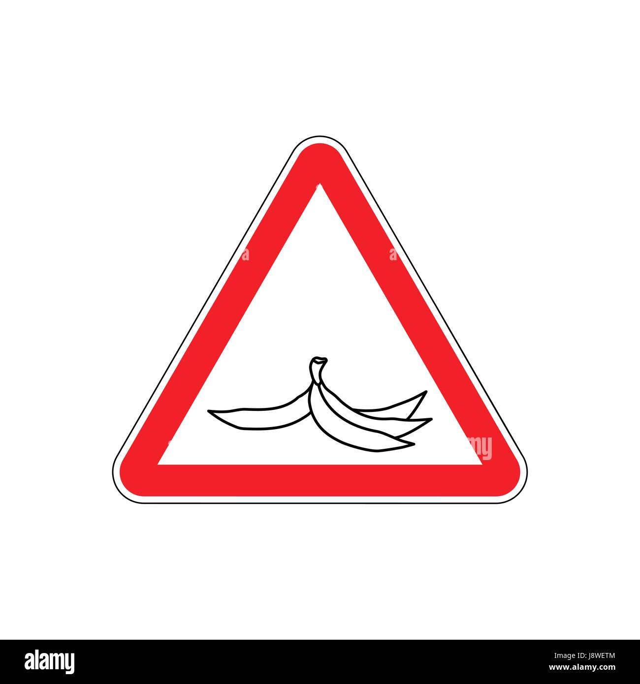 Attention garbage. Peel from banana on red triangle. Road sign Caution trash Stock Vector