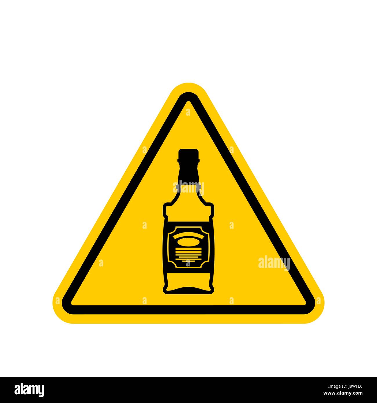 Attention alcohol. Bottle of whiskey on yellow triangle. Road sign Caution alcoholic Stock Vector