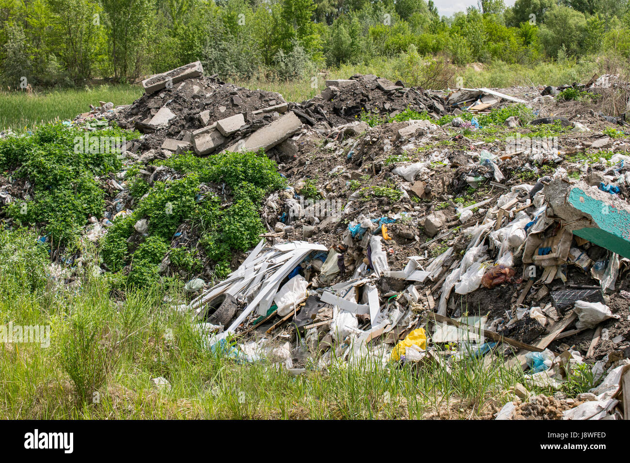 Illegal garbage dumping near the forest in the countryside Stock Photo