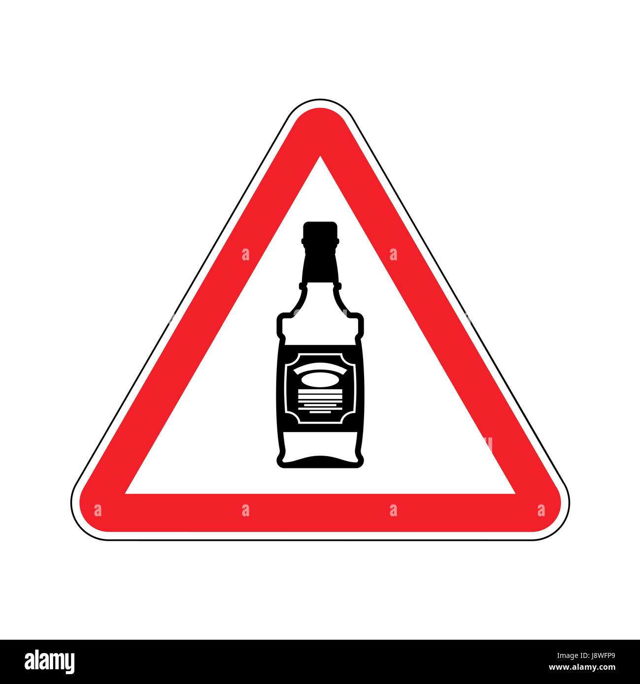 Attention alcohol. Bottle of whiskey on red triangle. Road sign Caution alcoholic Stock Vector