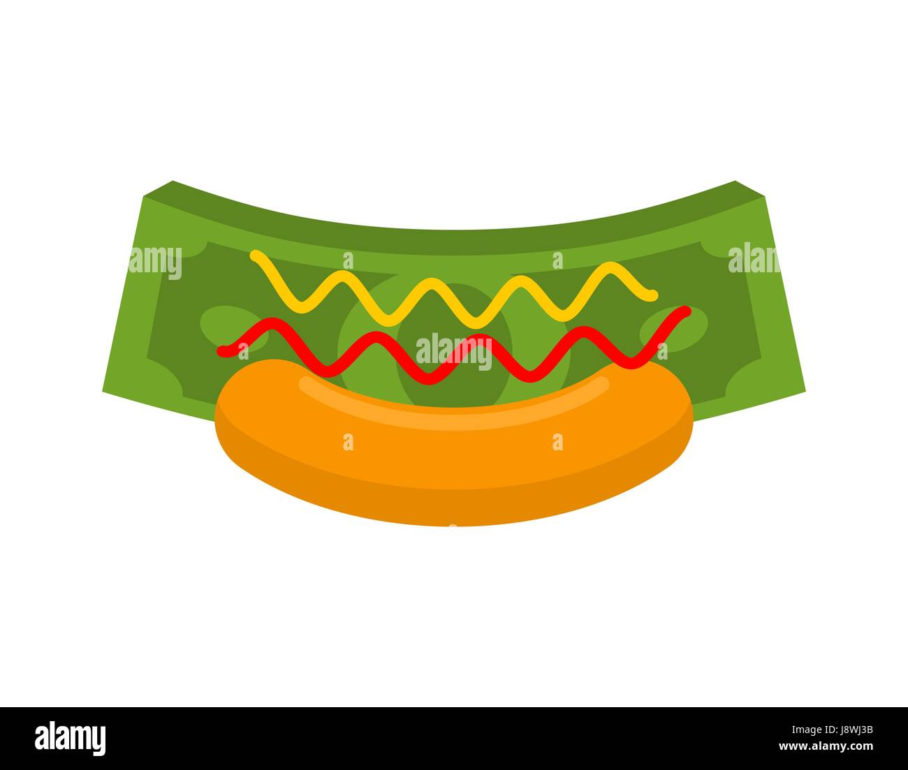 Business Hot Dog. Money in bun. Fast cash. Dollars and mustard with ketchup Stock Vector