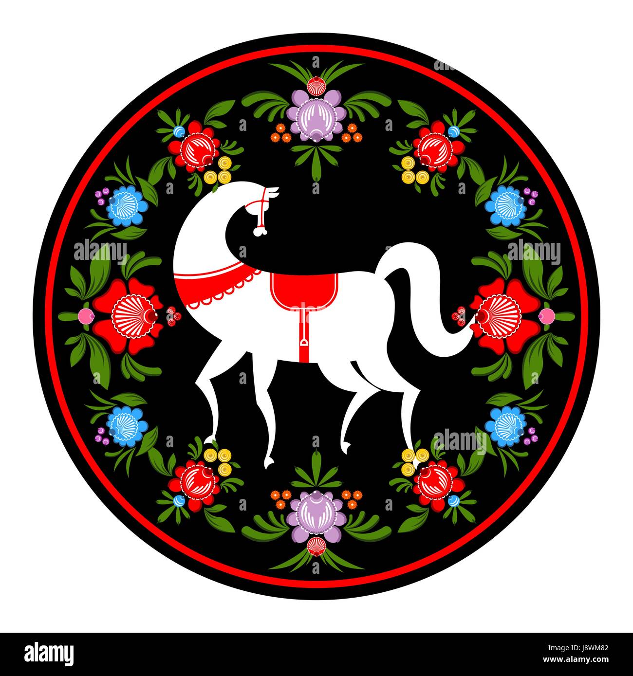 Белый конь Городецкой росписи в цветах