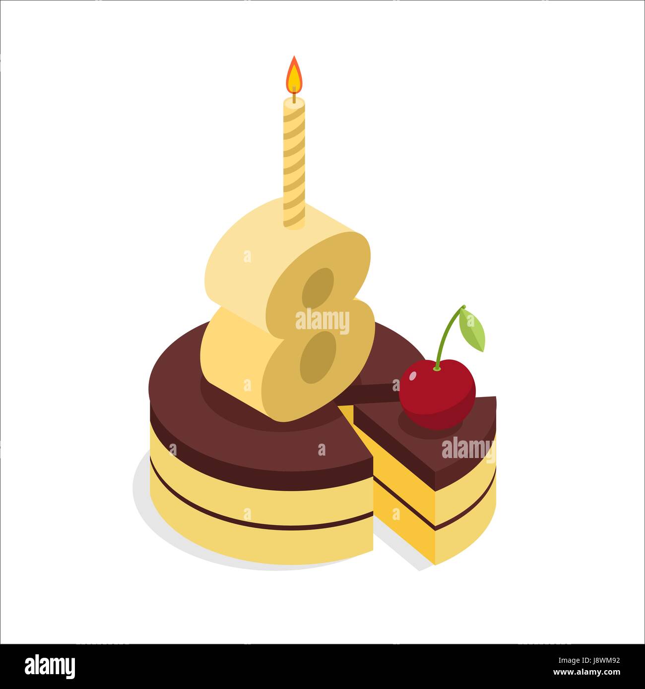 8 years old birthday cake isometrics. Figure eight with candle. Celebration of anniversary cake. Piece of festive chocolate cake and cherry. Fun party Stock Vector