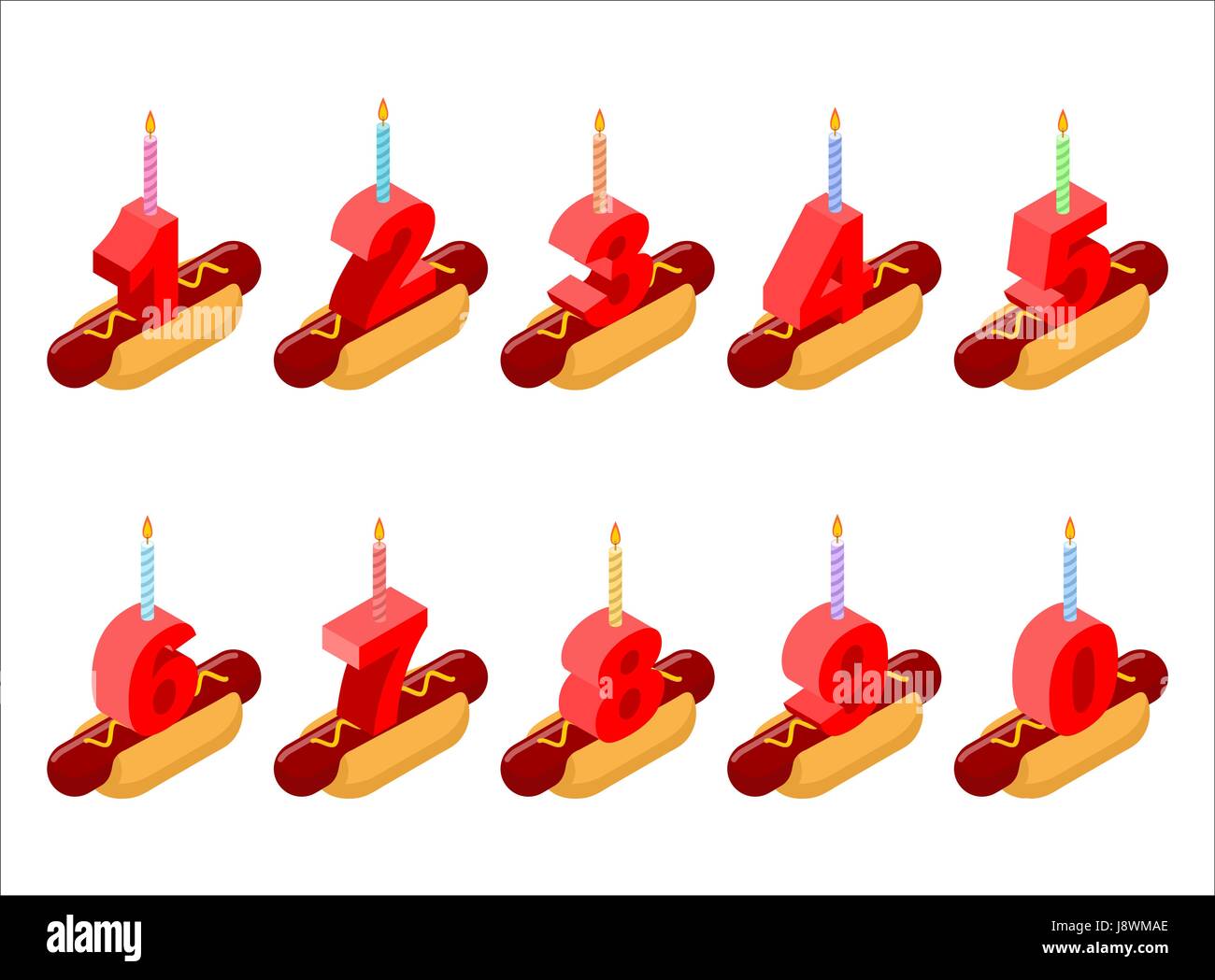 Hot dog and birthday numbers candles. Birthday fast food isometrics. Hotdog for holiday. Numbers cartoon style. Set anniversary digits Stock Vector