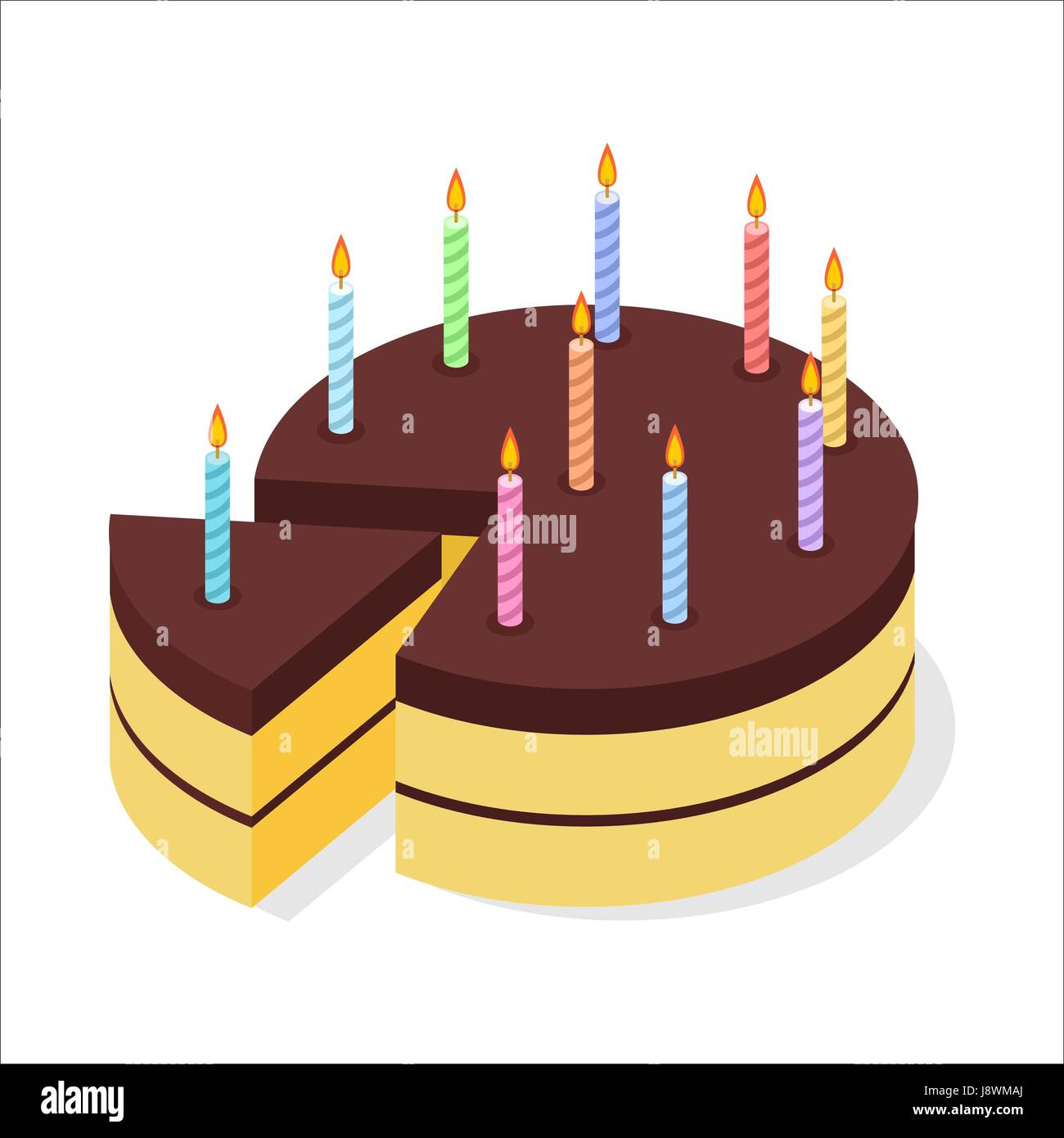 Chocolate cake birthday. Festive candles on pie. Piece of celebratory