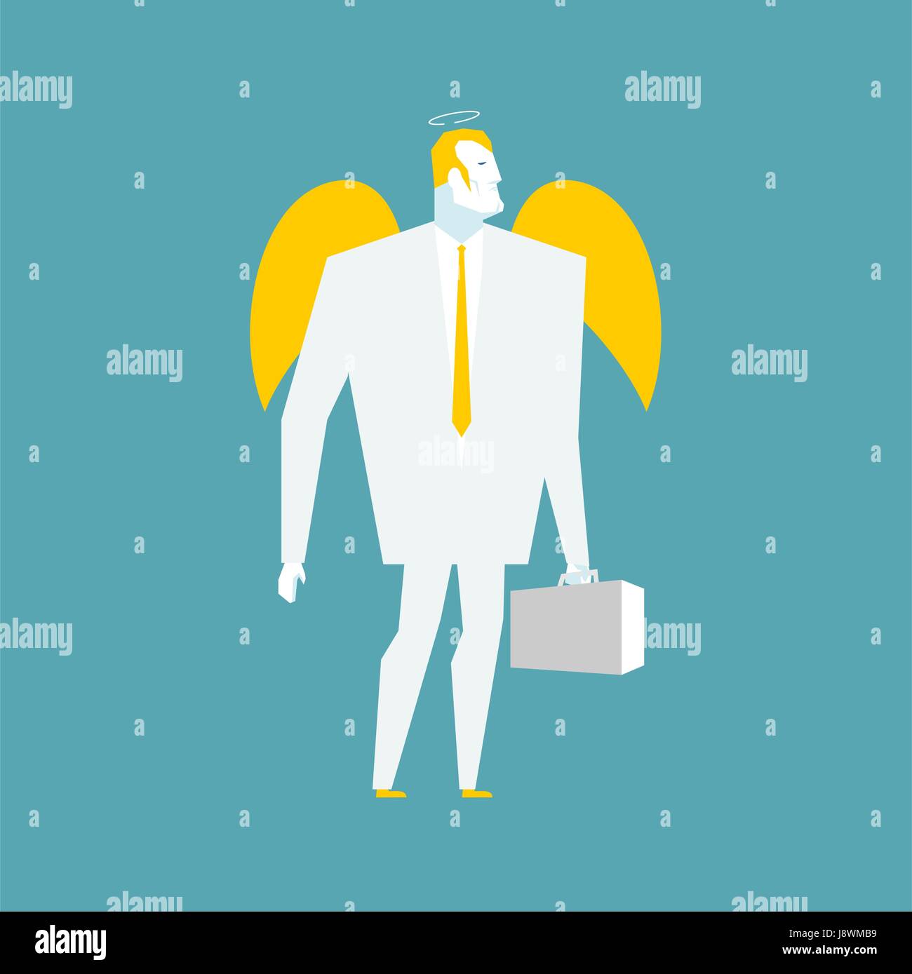 Angel businessman. Cherub paradise manager.  Guardian Angel for your business. Holy man with halo in business suit. Good seraphim with wings and case. Stock Vector