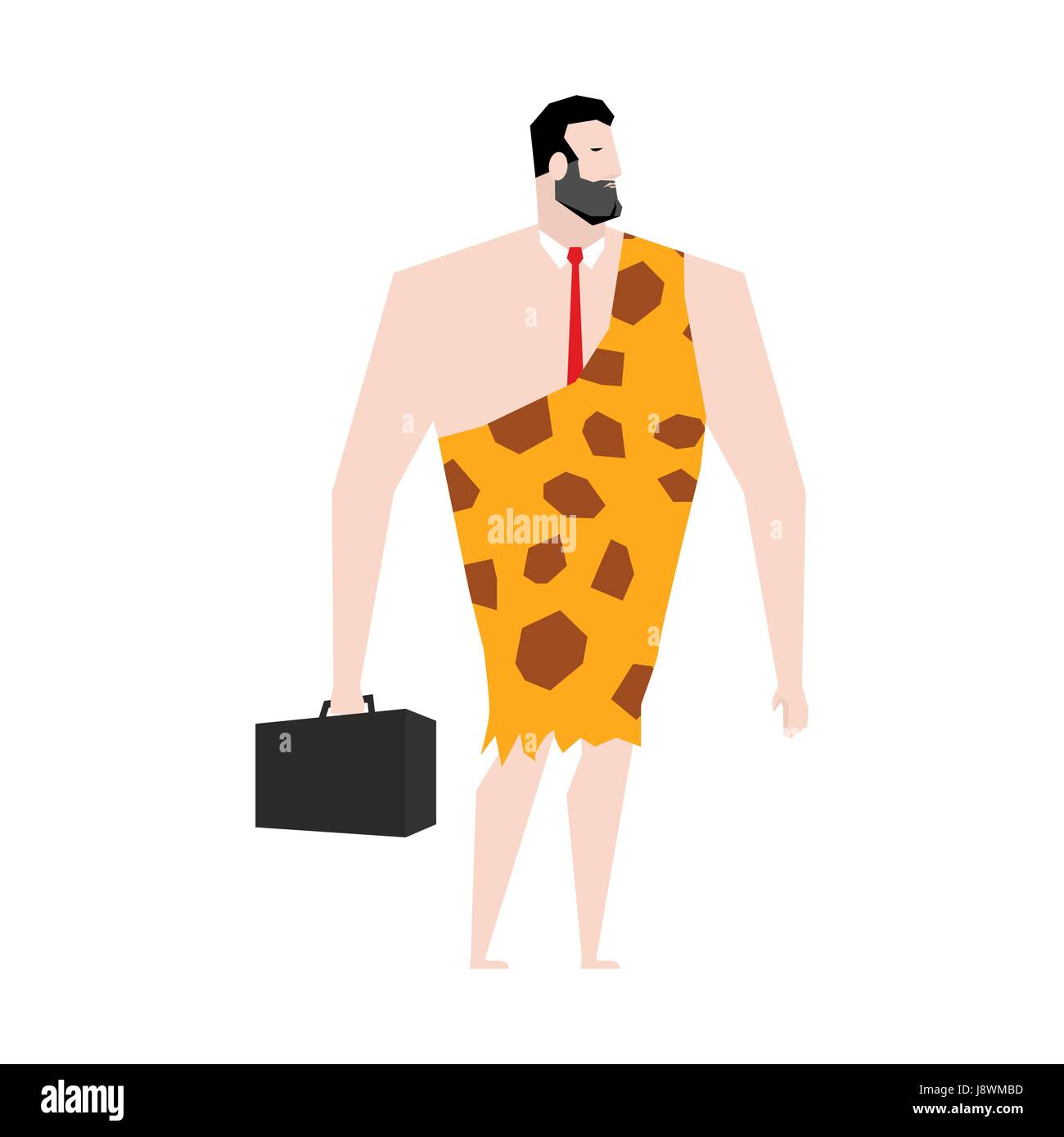 Businessman prehistoric. Ancient boss in skin of giraffe. Neanderthal ina tie. Cro-Magnon to case. Homo sapiens business man. paleanthropic with suitc Stock Vector