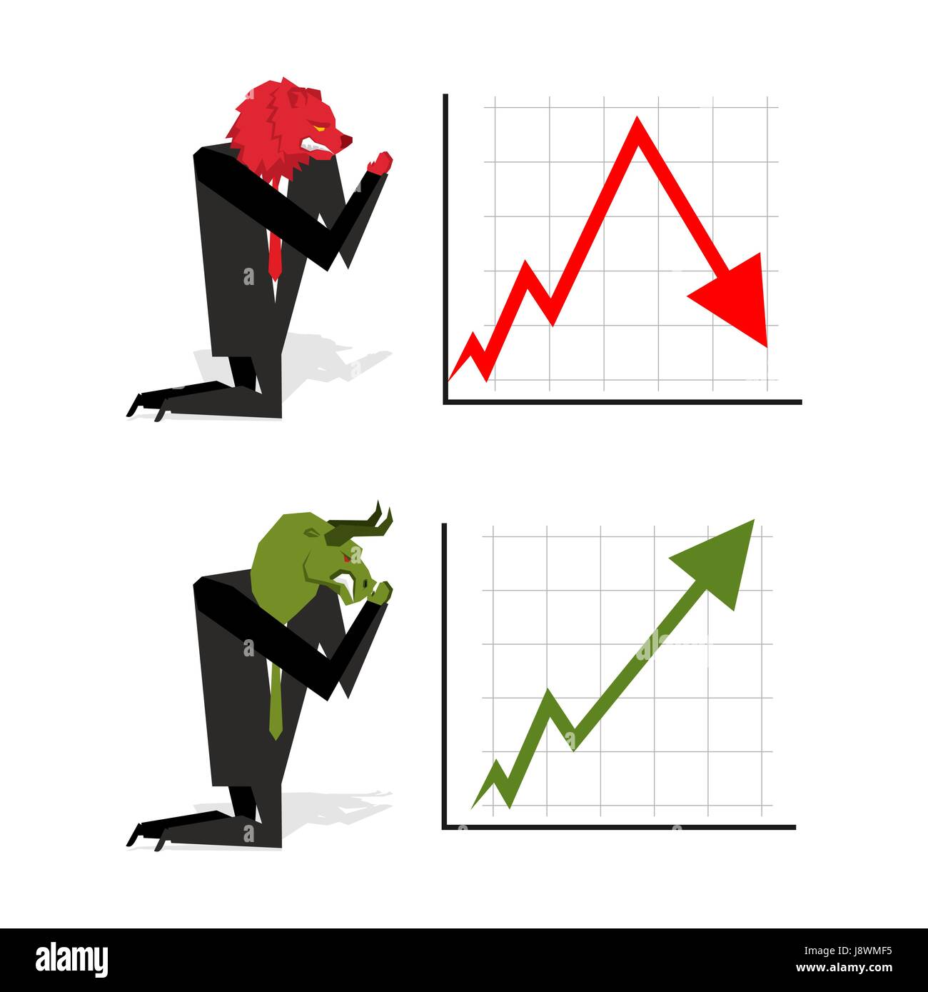 Bull and Bear pray to bet on stock exchange. Green up arrow. Red down arrow. Worship of money. Prayer quotes. Trader kneeling before graph. Allegory i Stock Vector