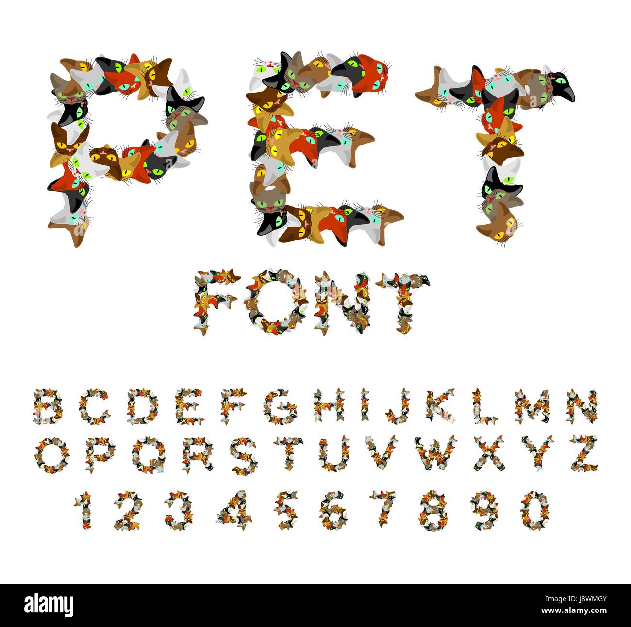 Pet font. Cat alphabet. letters of cats. Pets typography Stock Vector