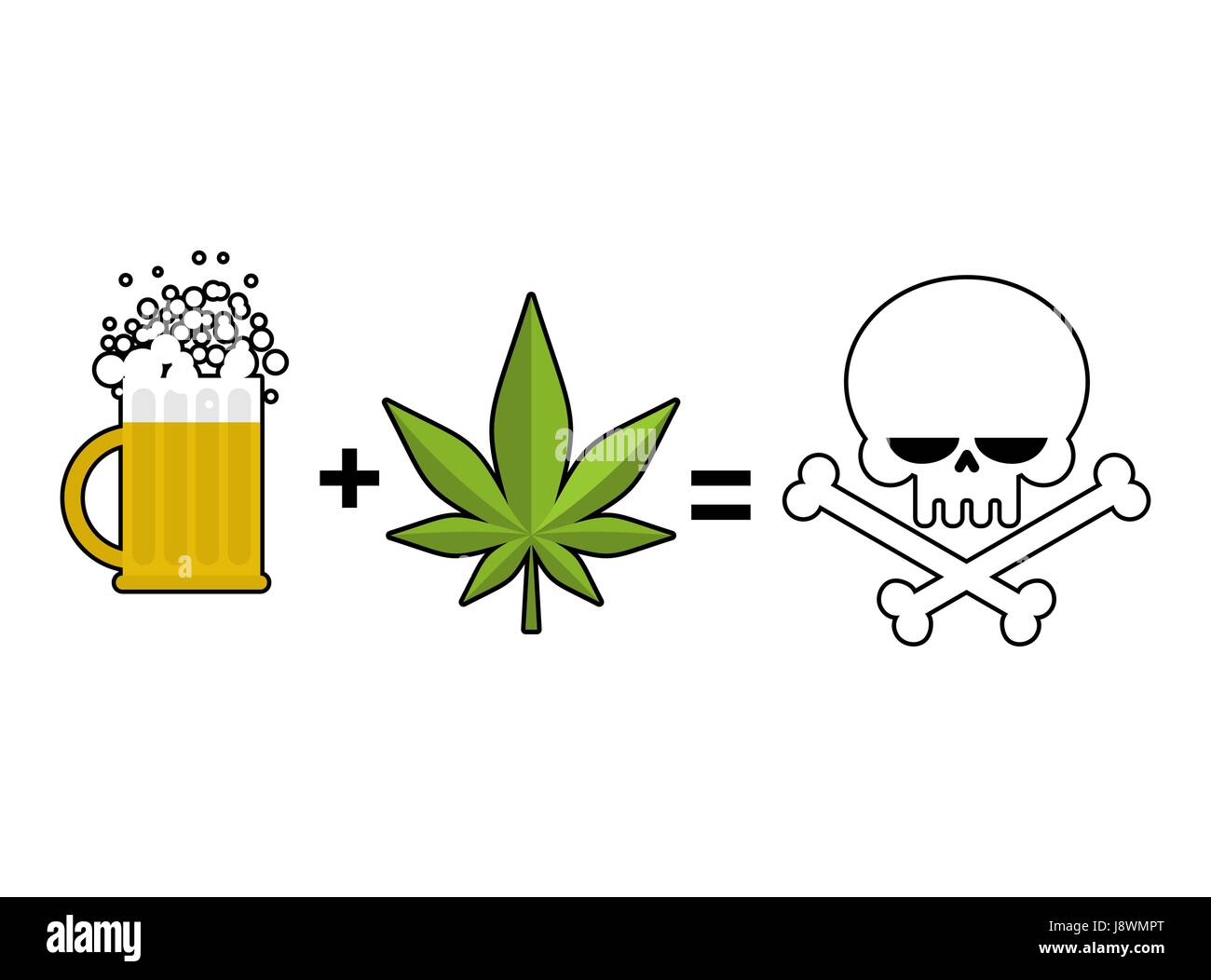 Alcohol and drugs is death. Mug of beer and marijuana leaf is equal to
