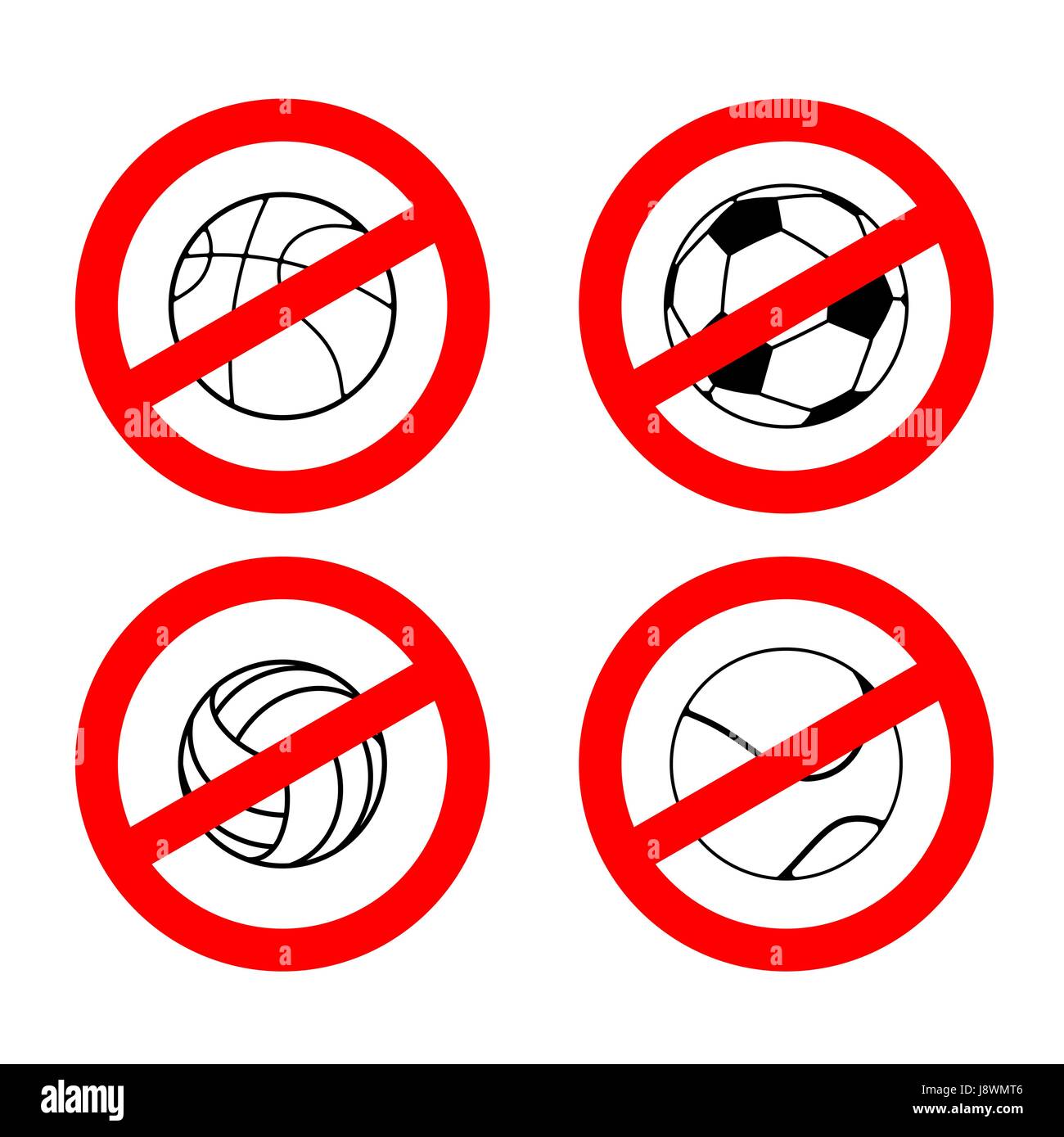 Stop sport games. Prohibited football. Red prohibition sign volleyball