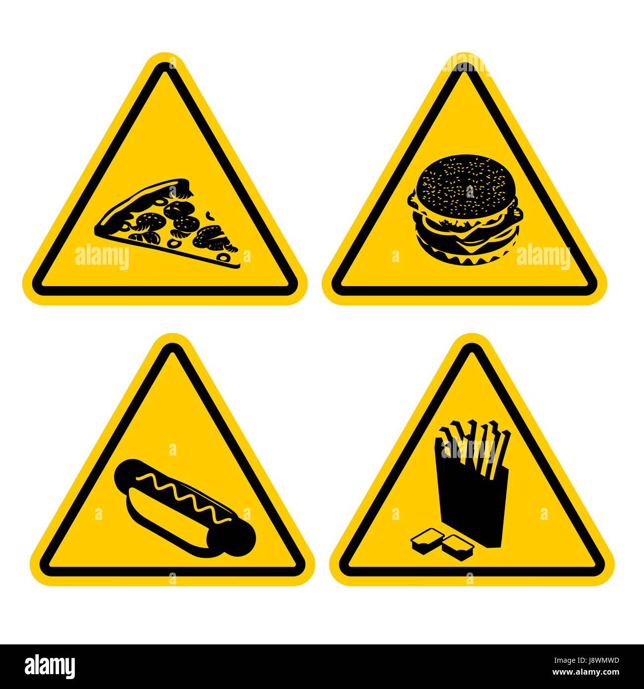 Set Warning sign fast food. Dangerous foods containing lot of fat. Many of calories. Unhealthy food. Pizza and hamburger. Hot dog and french fries. Co Stock Vector