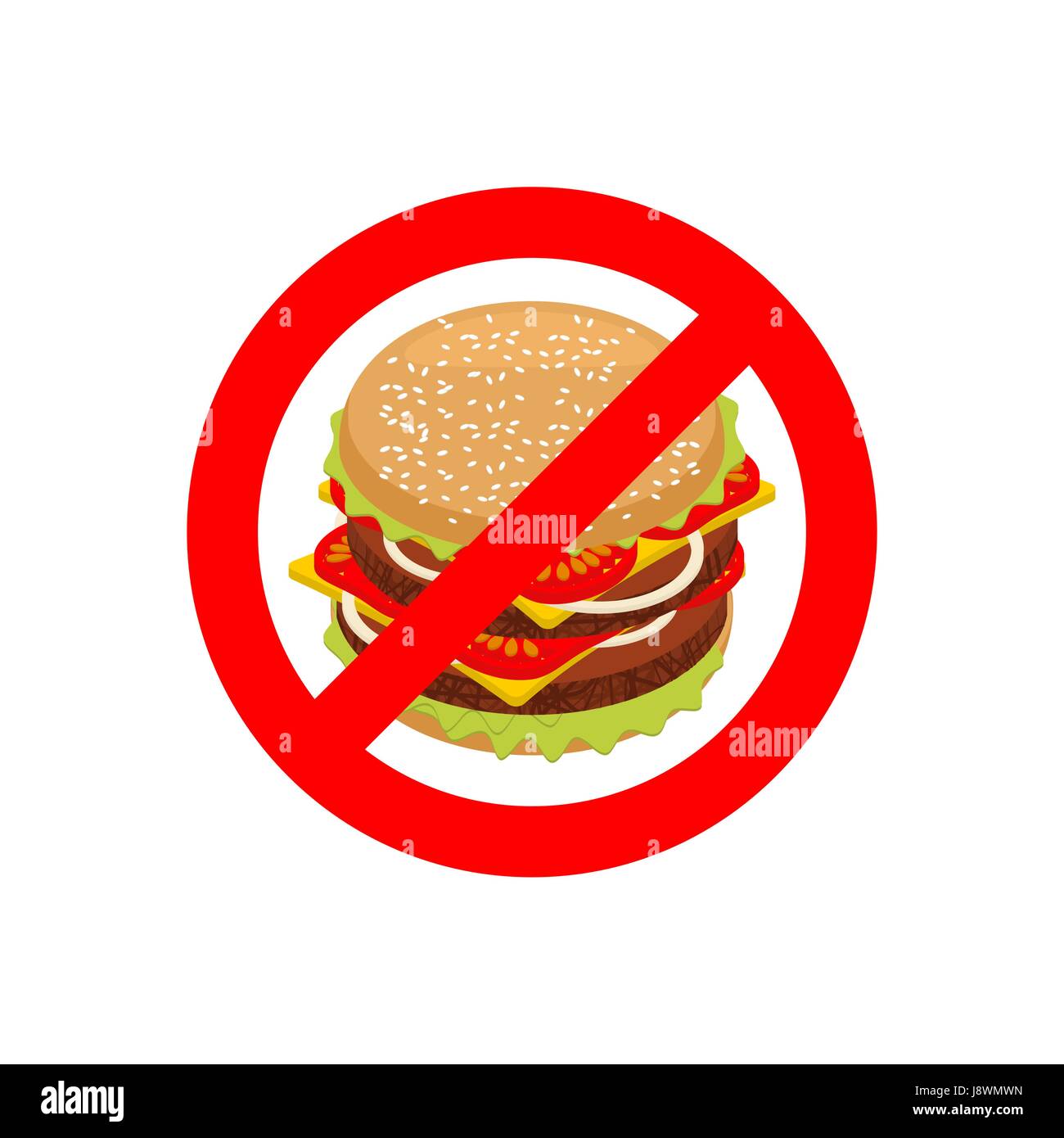 Ban hamburger. Stop fast food. Strikethrough juicy burger with cutlets. Emblem against unhealthy food. Red prohibition sign. Forbidden harmful food Stock Vector