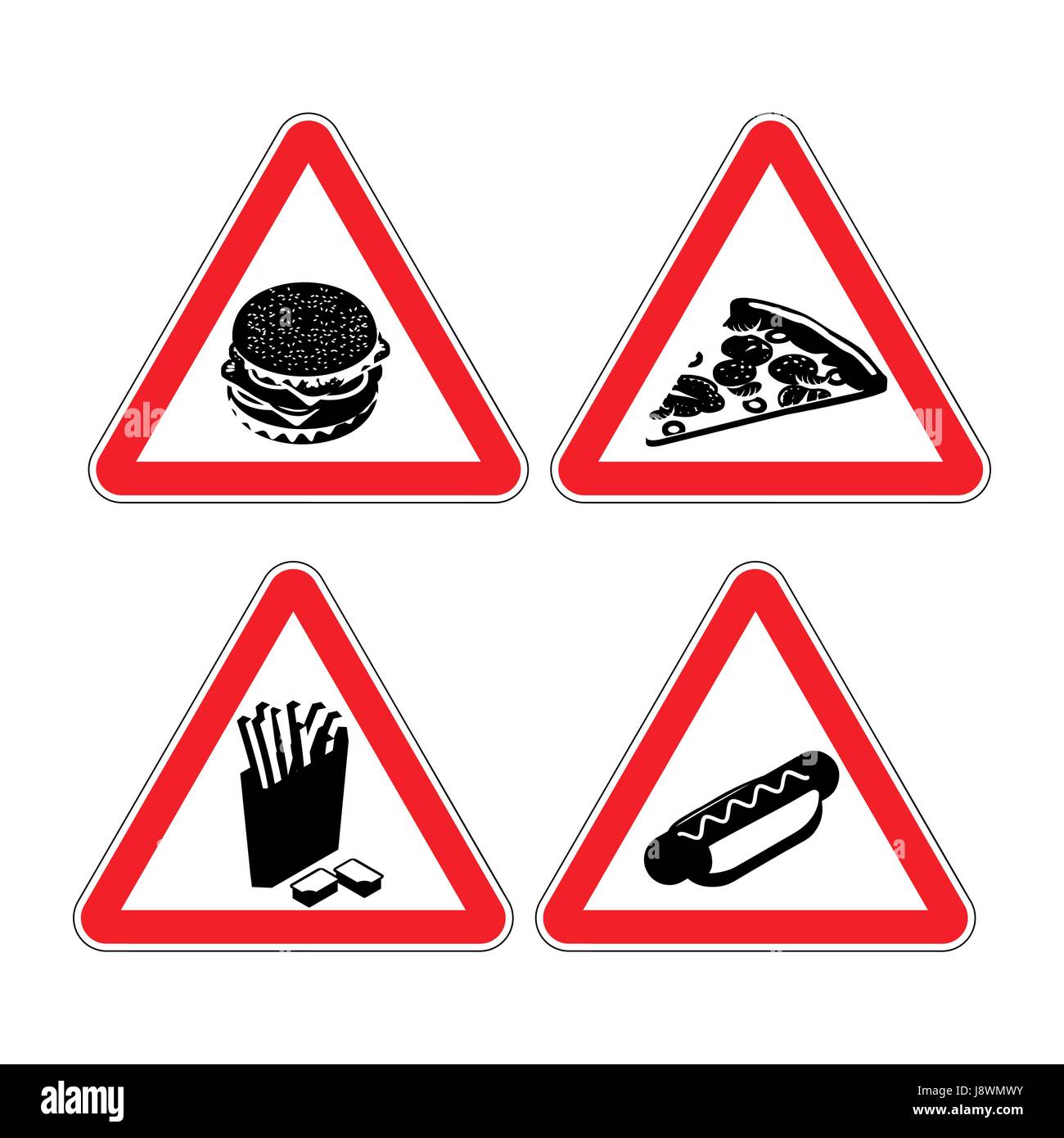 Set warning signs fast food. danger sign. Harmful food. It contains lot of cholesterol. Big hamburger in red triangle. Piece of pizza flat style. Hot  Stock Vector