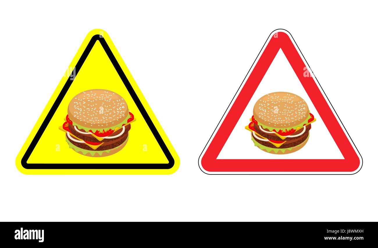 Warning sign of attention hamburger. Dangers yellow sign fast food. Juicy burger with cheese and vegetarian cutlets in red triangle. Set of road signs Stock Vector