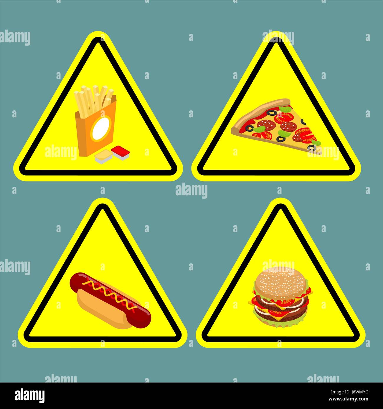Warning sign fast food. Dangerous foods containing lot of fat. Many of calories. Unhealthy food. Pizza and hamburger. Hot dog and french fries. Collec Stock Vector