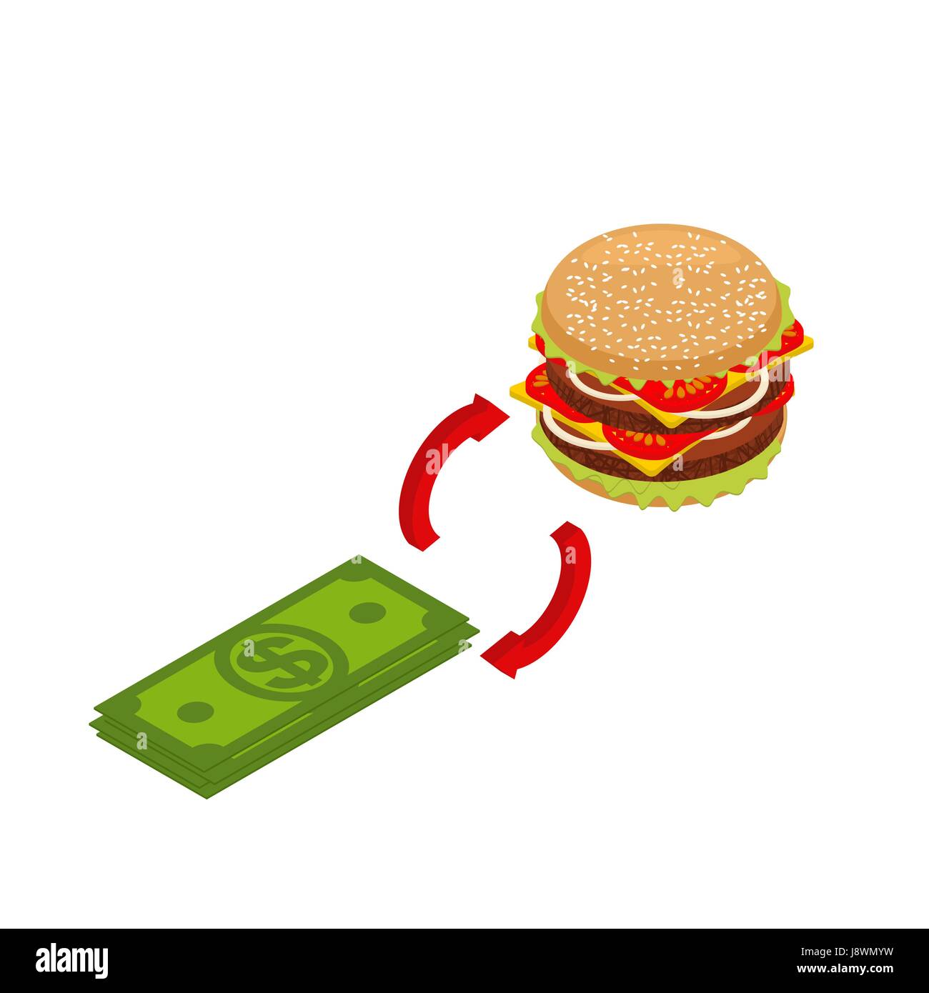 Buying hamburger isometrics. Sale of fast food. exchange sign. Money is exchanged for food. Interchange symbol. Cash and Sandwich of cutlets and roll  Stock Vector