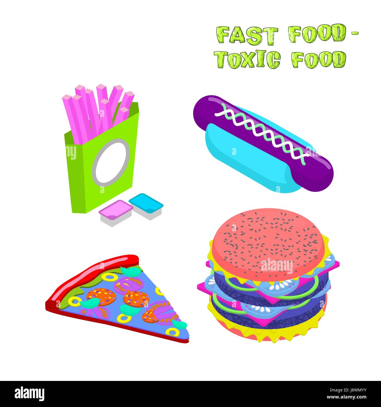 Fast food toxic food. Illustration about dangers of fast food. Purple