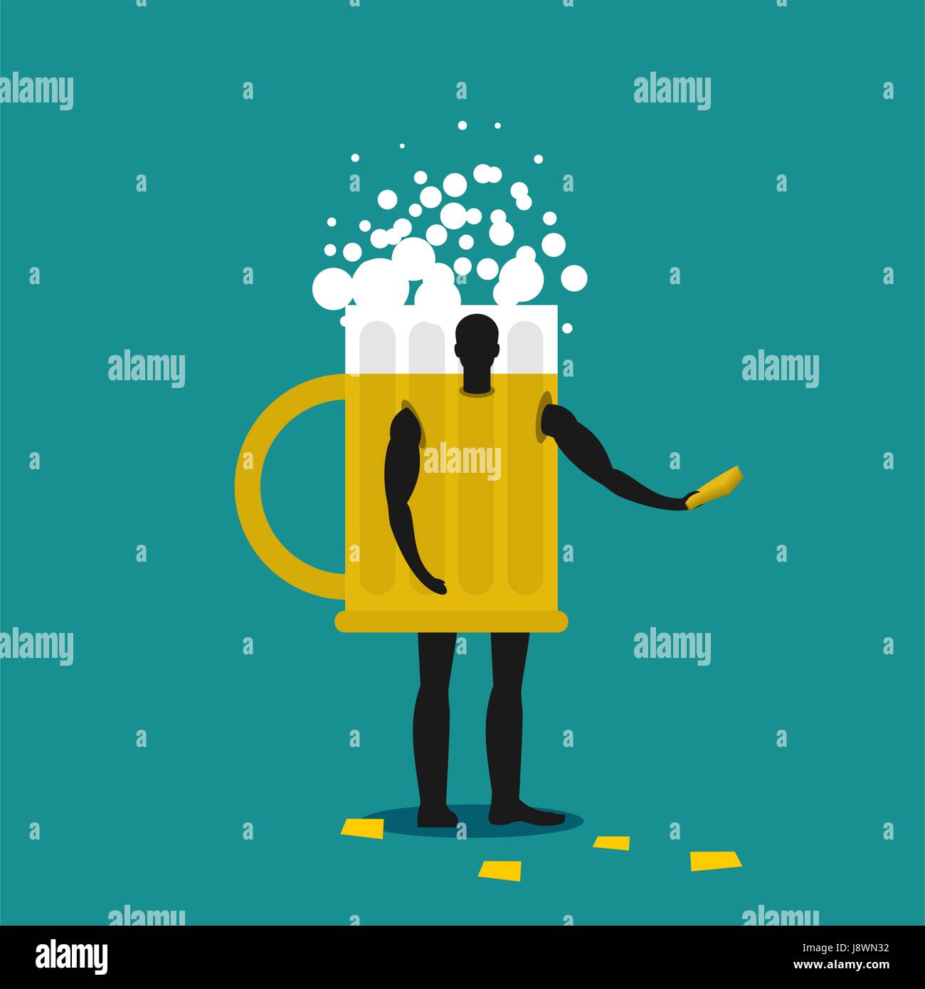 Mug of beer mascot man promoter. Male in suit drinking tankard distributes flyers. Puppets engaged in advertising goods Stock Vector