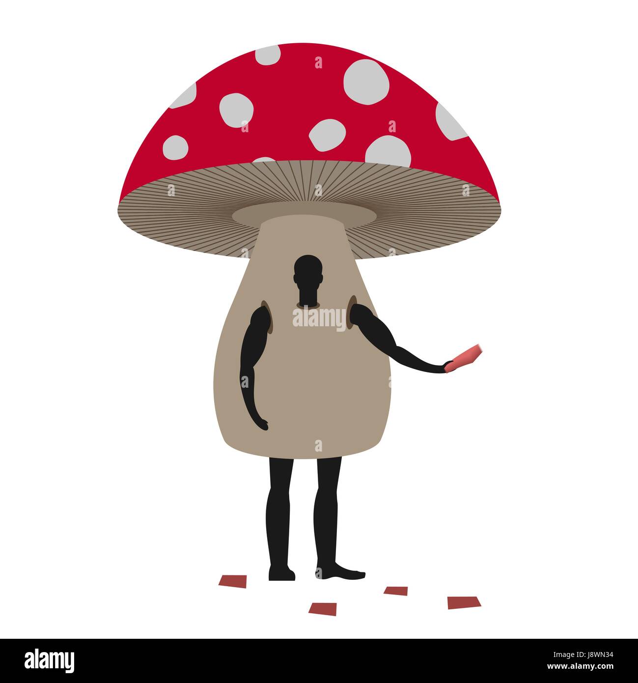 Mushroom man mascot promoter. Male in suit amanita distributes flyers. Puppets fungus engaged in advertising goods Stock Vector