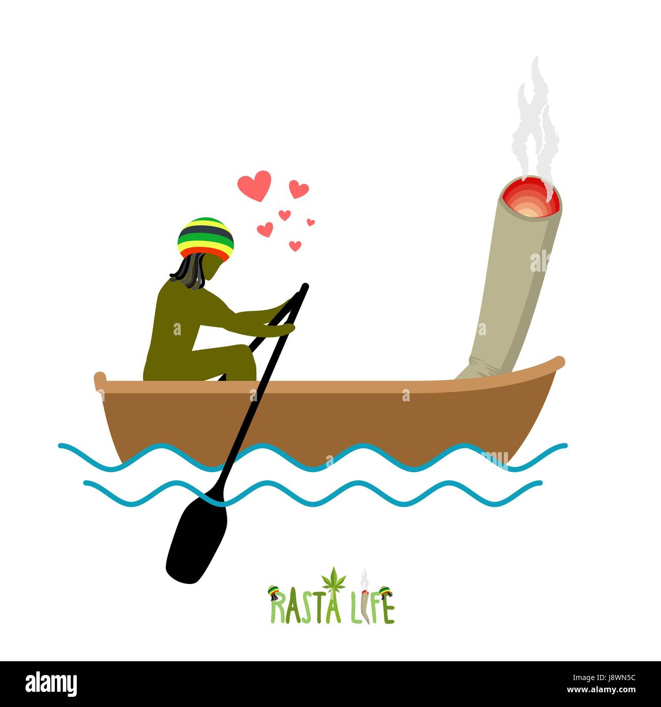 Rasta life. Rastaman and joint or spliff boating. Man and smoking drug walk along lake. Marijuana lovers and boat. Romantic illustration hemp Stock Vector