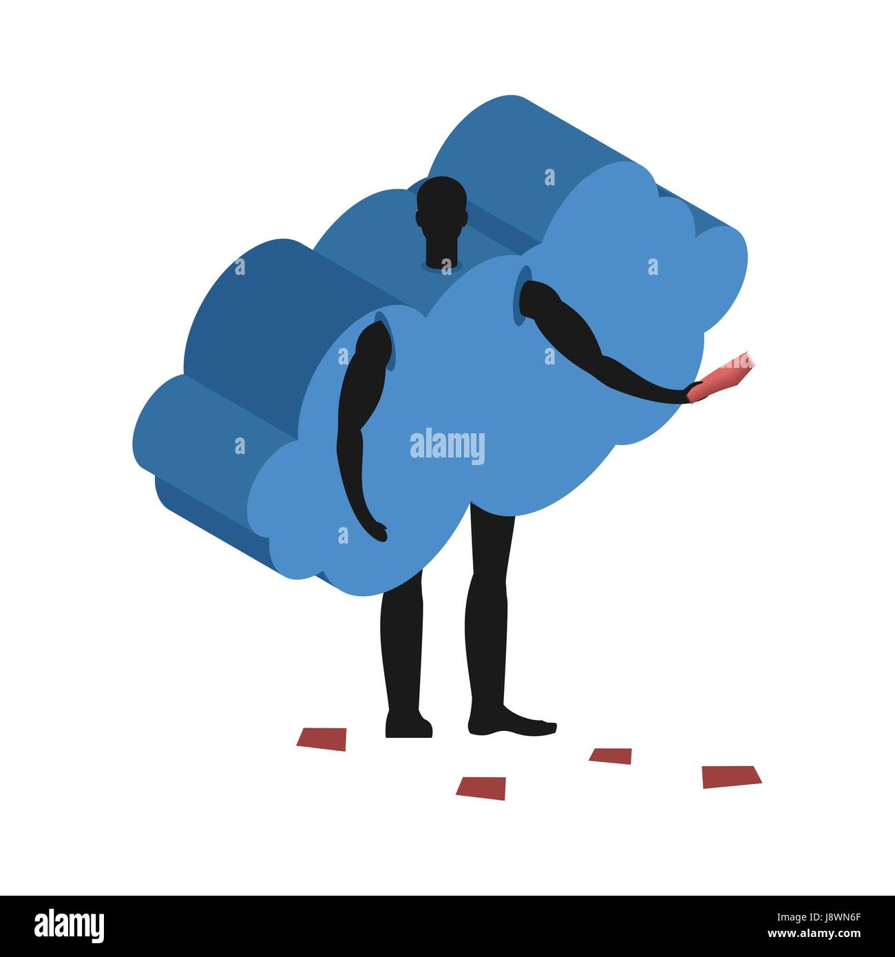 Cloud costume man mascot promoter. Male in suit distributes flyers. Puppets swarm engaged in advertising goods Stock Vector