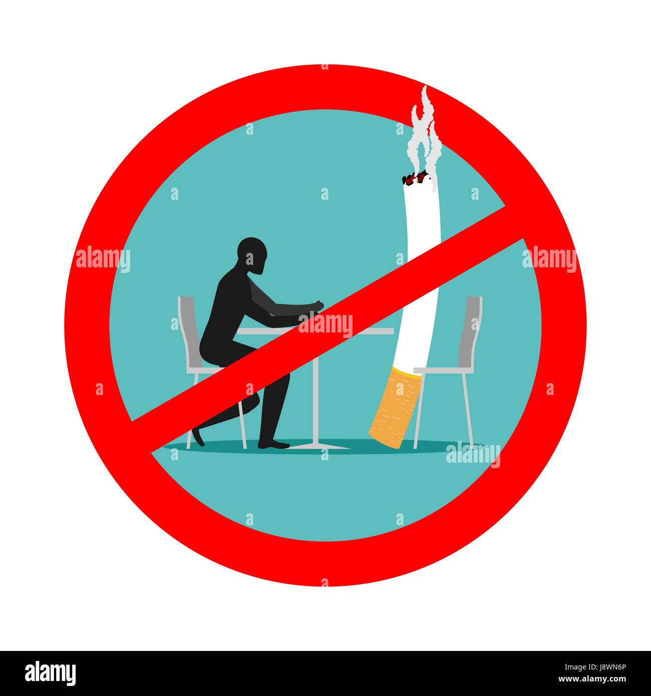 Forbidden to smoke in cafes. Ban smoking. Red sign and crossed cigarette and smoker Stock Vector