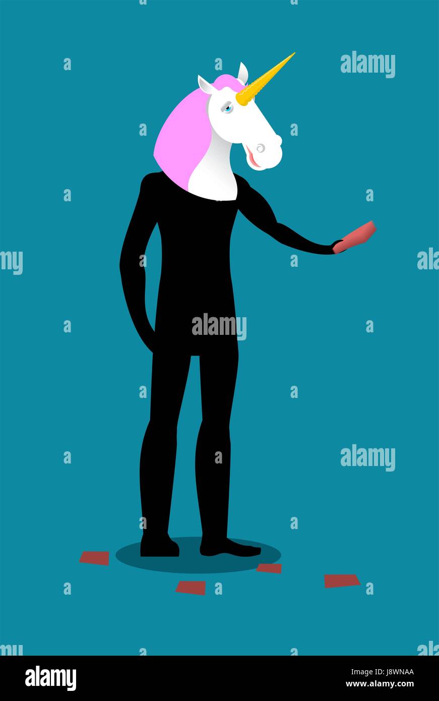 Unicorn costume man mascot promoter. Male in suit fantastic animal