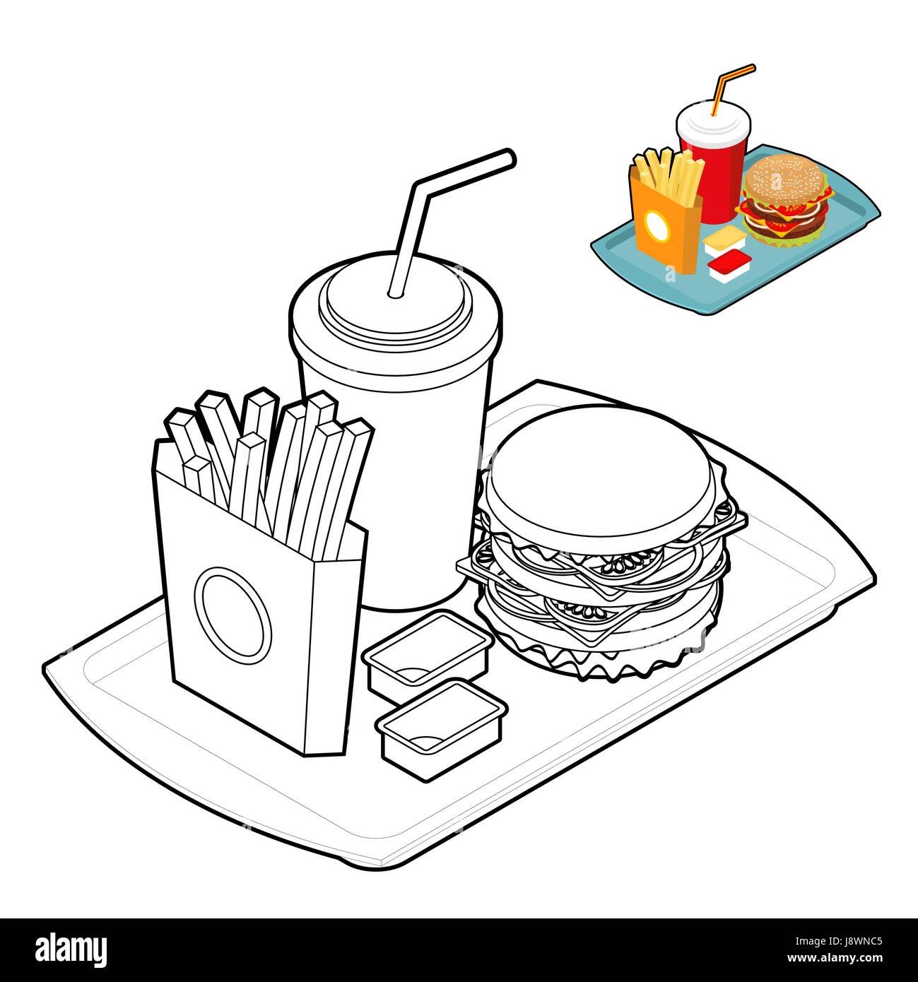 Fast food coloring book. Food in linear style. Big fresh hamburger. Delicious Frying potatoes. Cold drink Red disposable paper cup with straw. Cheese  Stock Vector