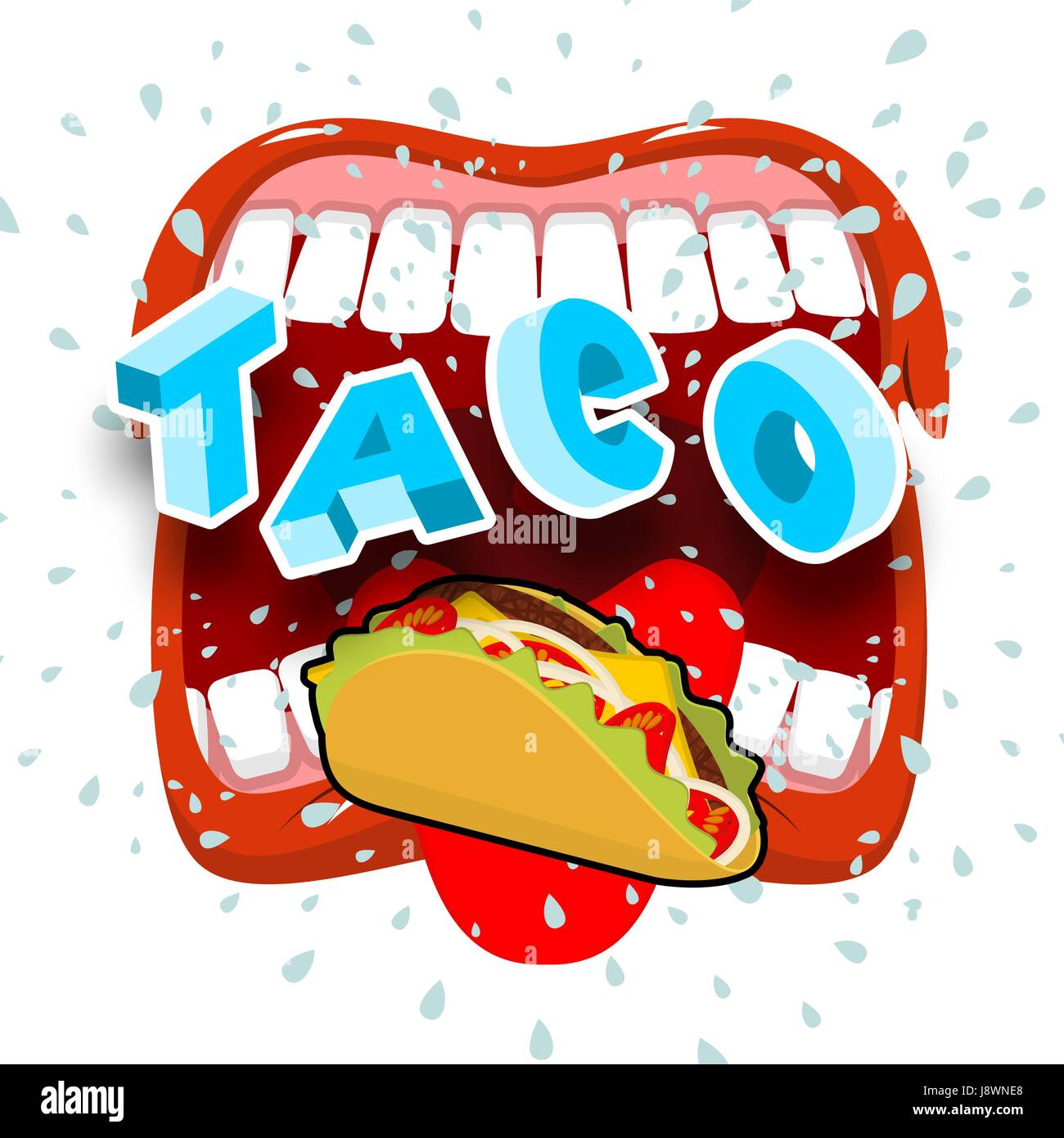 Taco acute Mexican food. Open your mouth and protruding tongue. Stock Vector